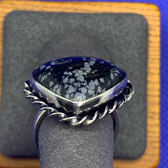 Comfort Curl ADJUSTABLE Beautiful Snowflake Obsidian Ring! .925 Sterling Overlay - Picture 5 of 16